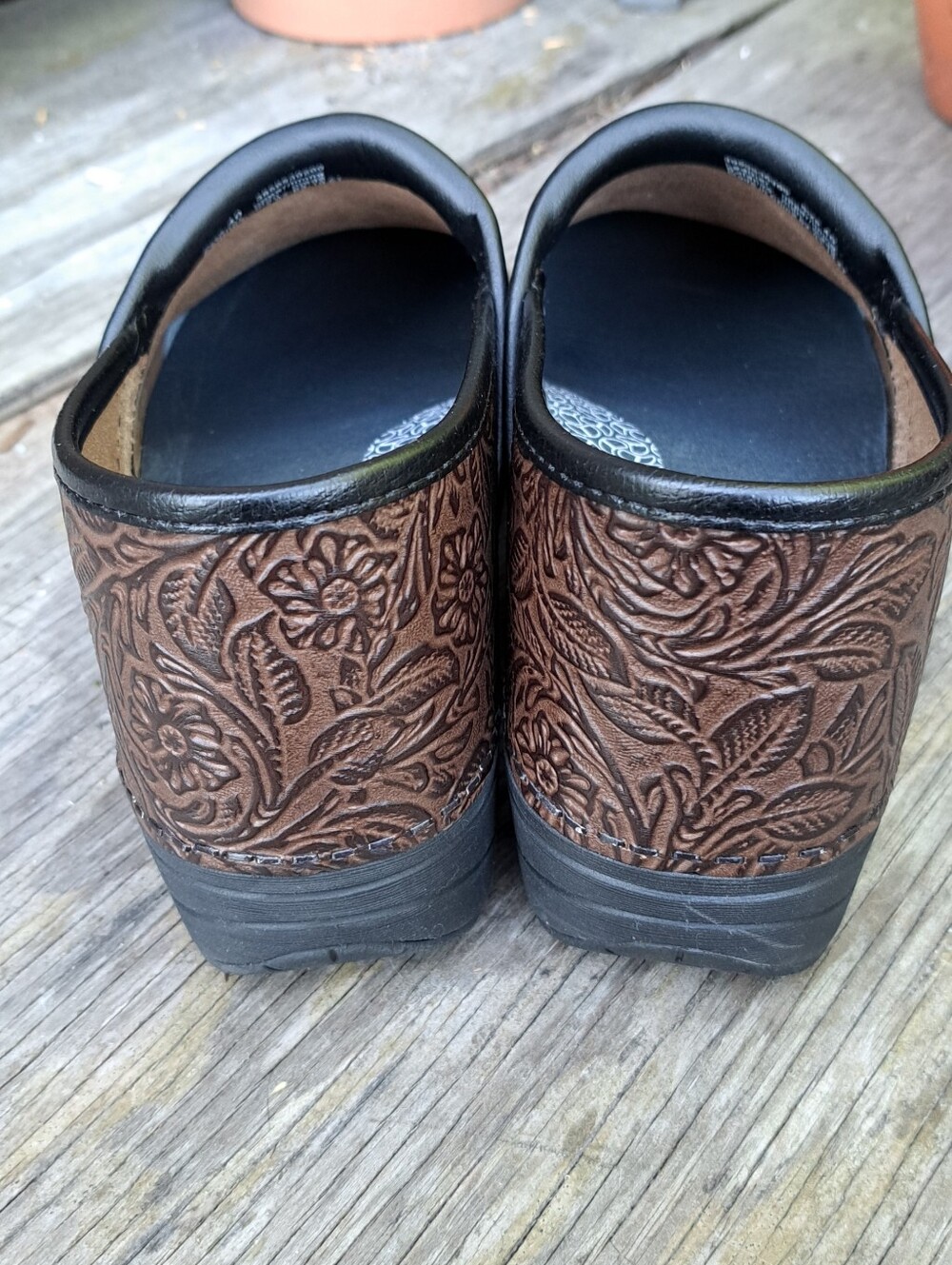 Brown Floral Tooled Leather Dansko Clogs - Picture 4 of 6